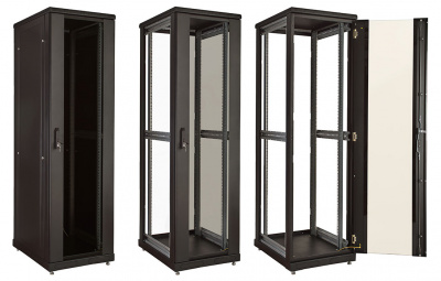 Шкаф телекоммуникационный напольный 19", 27U(800x800), ШТ-НП-М-27U-800-800-С-Ч, передняя дверь стекло, черный ССД